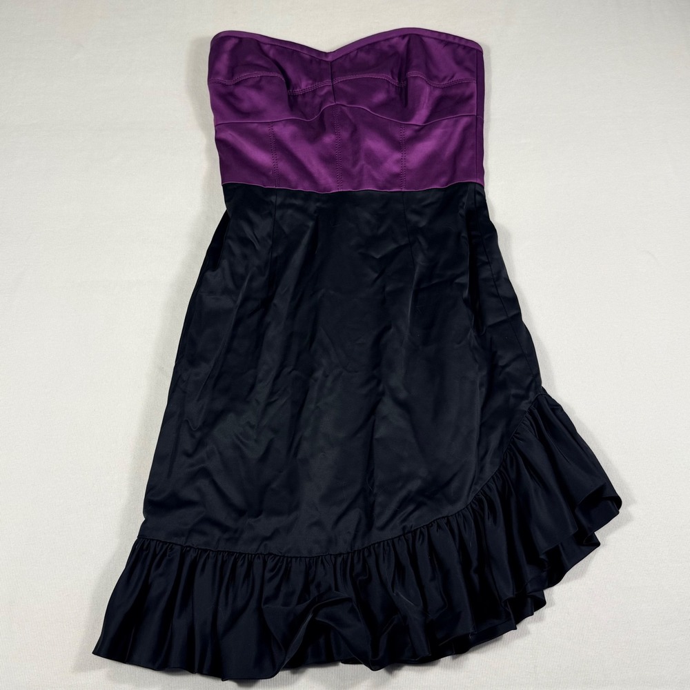 Laila Azhar Strapless‎ Cocktail Dress 0 Purple Black Asymmetrical Ruffle Hem